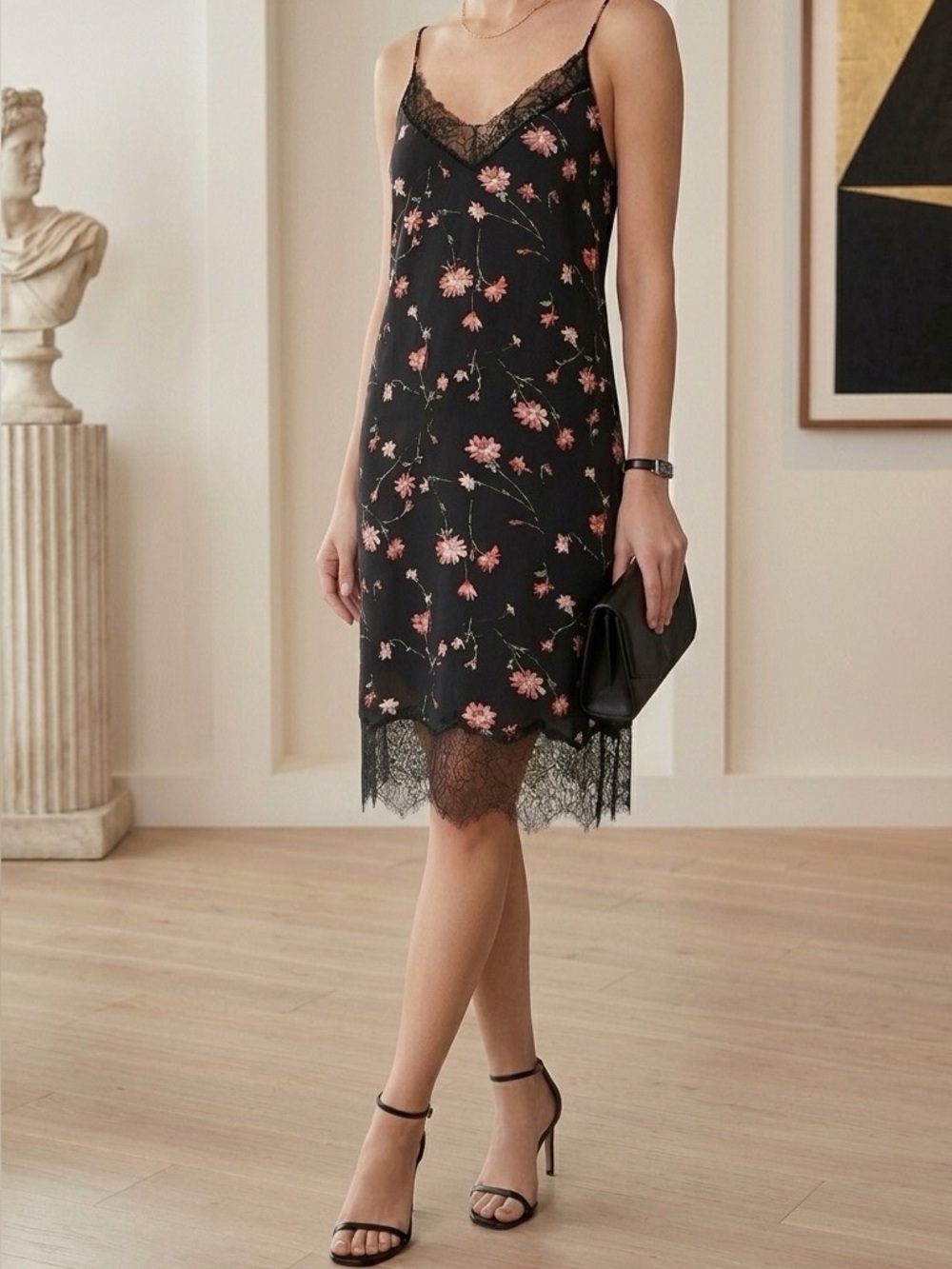 Chelsea28 Nordstrom Floral Slip Dress M Lace Trim Black Pink Boho Midi Cami